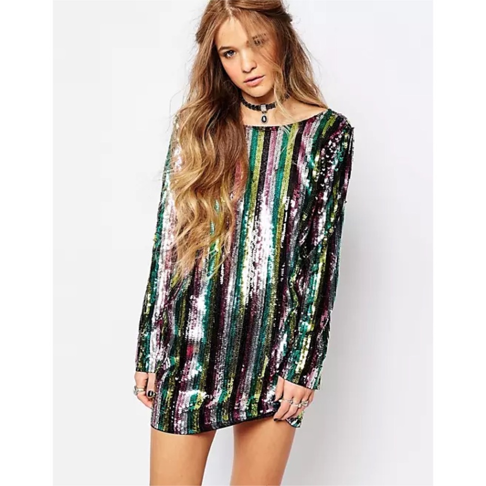 ASOS Honey Punch Striped Sequinned Mini Dress with Low Back